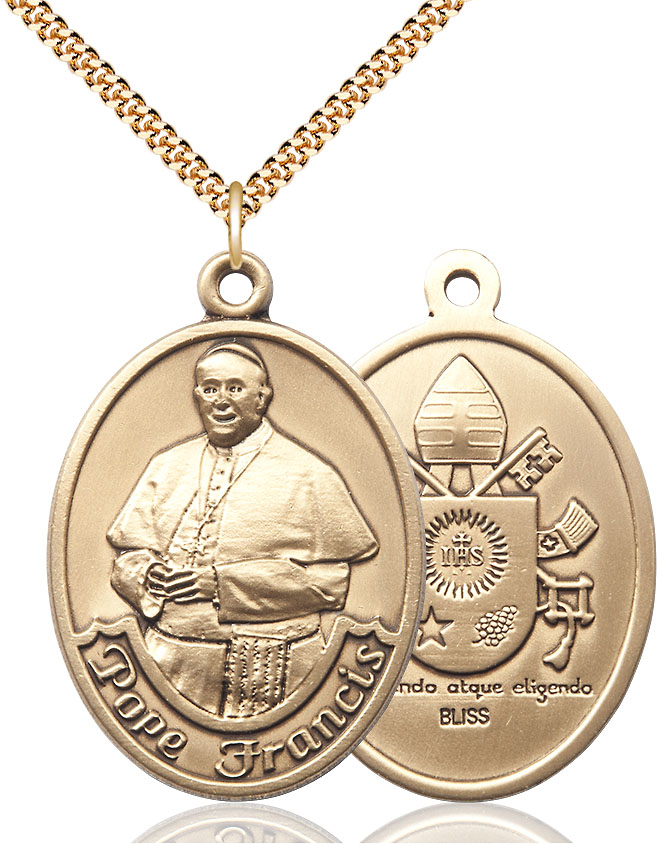 14kt Gold Filled Pope Francis Pendant on a 24 inch Gold Plate Heavy Curb chain
