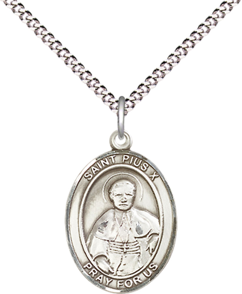 Sterling Silver Saint Pius X Pendant on a 18 inch Light Rhodium Light Curb chain
