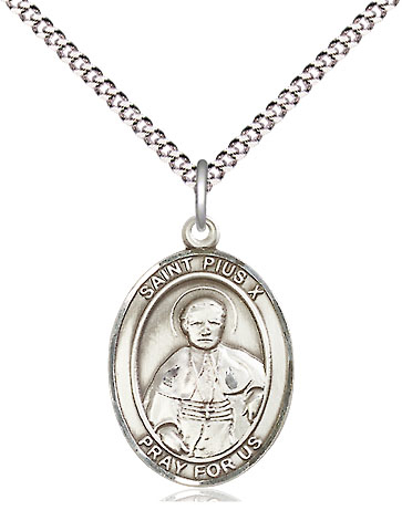 Sterling Silver Saint Pius X Pendant on a 18 inch Light Rhodium Light Curb chain