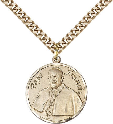 14kt Gold Filled Pope Francis Pendant on a 24 inch Gold Plate Heavy Curb chain