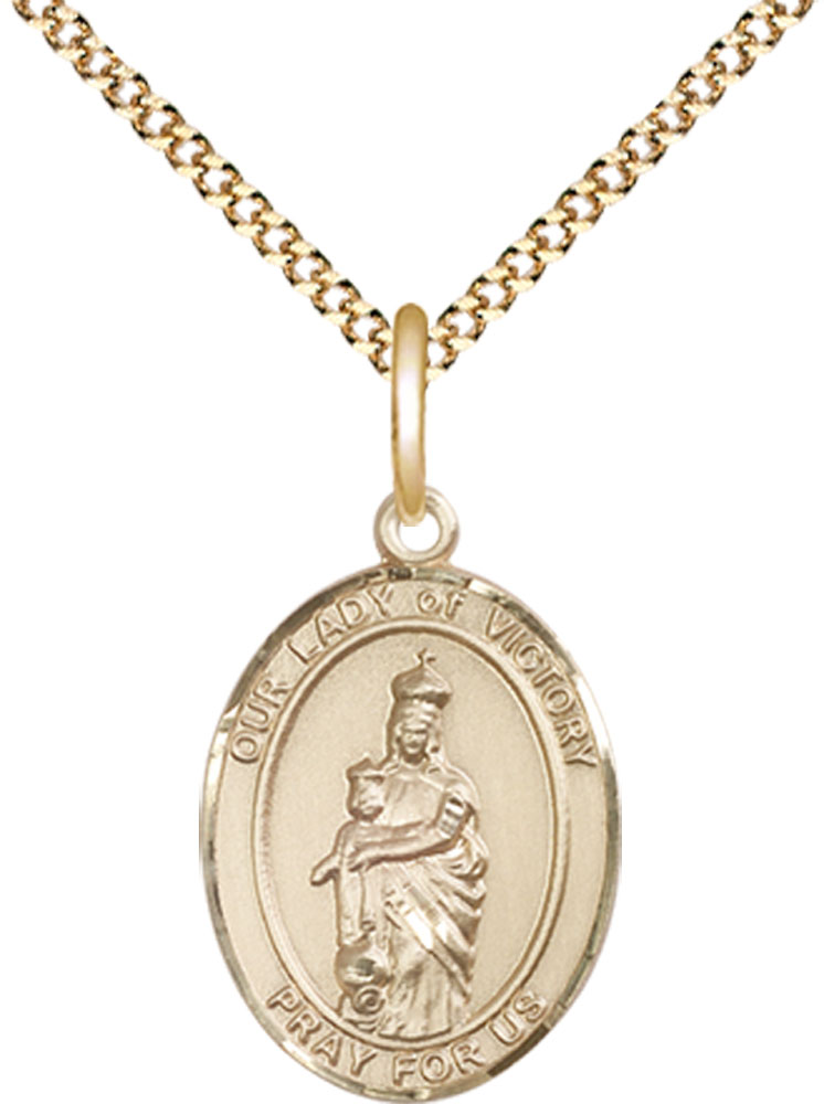 14kt Gold Filled Our Lady of Victory Pendant on a 18 inch Gold Plate Light Curb chain