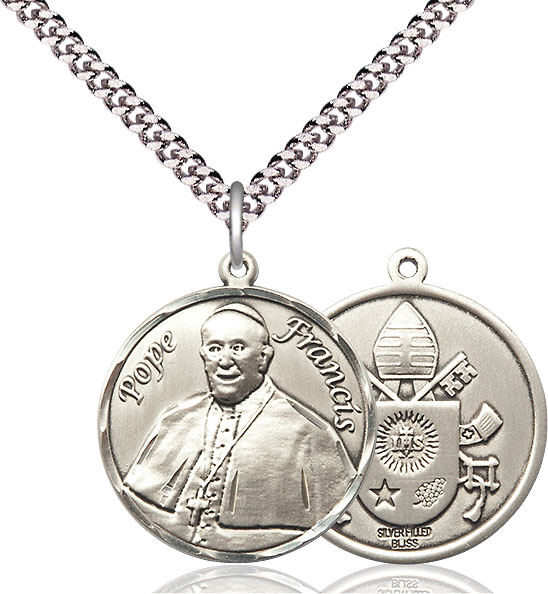 Sterling Silver Pope Francis Pendant on a 24 inch Light Rhodium Heavy Curb chain