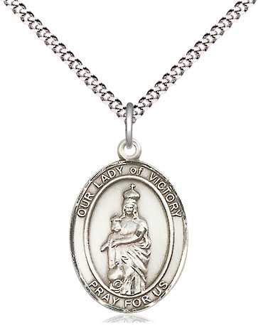 Sterling Silver Our Lady of Victory Pendant on a 18 inch Light Rhodium Light Curb chain