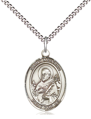 Sterling Silver Saint Meinrad of Einsideln Pendant on a 18 inch Light Rhodium Light Curb chain