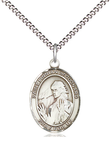 Sterling Silver Saint Finnian of Clonard Pendant on a 18 inch Light Rhodium Light Curb chain