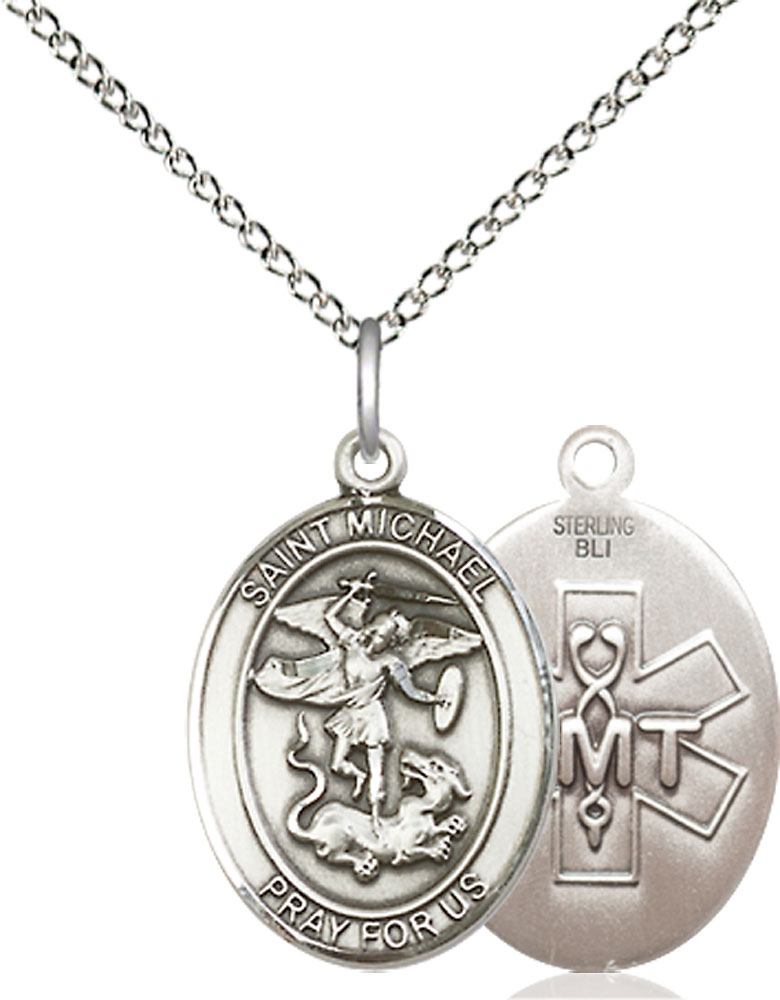 Sterling Silver Saint Michael EMT Pendant on a 18 inch Sterling Silver Light Curb chain