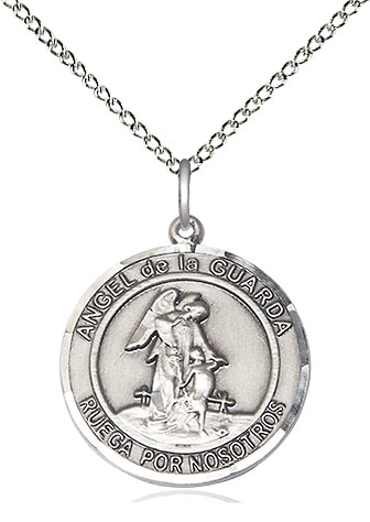 Sterling Silver Angel de la Guarda Pendant on a 18 inch Sterling Silver Light Curb chain