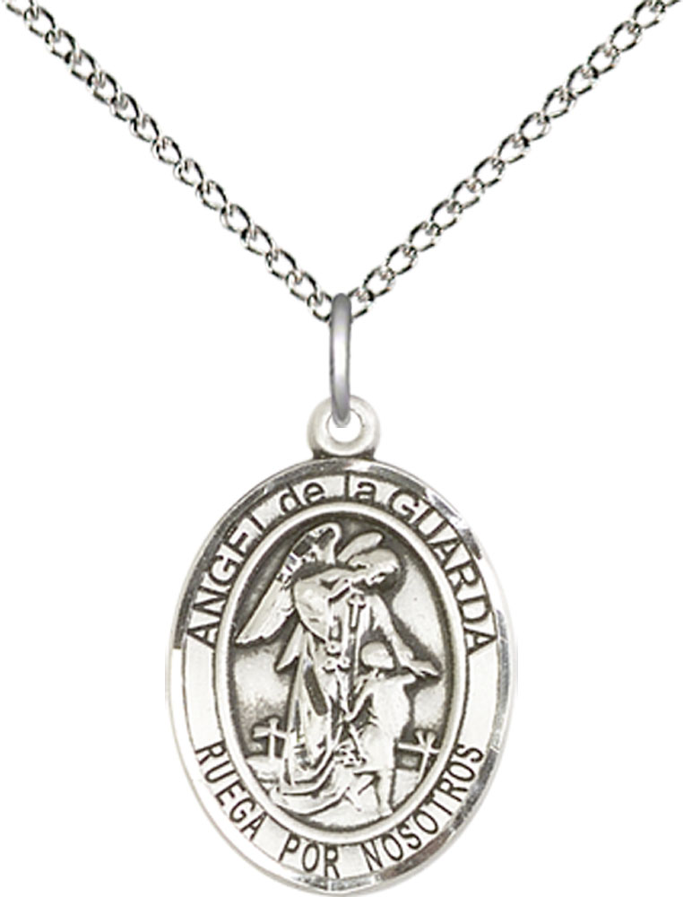 Sterling Silver Angel de la Guarda Pendant on a 18 inch Sterling Silver Light Curb chain