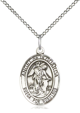 Sterling Silver Angel de la Guarda Pendant on a 18 inch Sterling Silver Light Curb chain