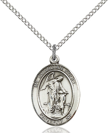 Sterling Silver Guardian Angel Pendant on a 18 inch Sterling Silver Light Curb chain