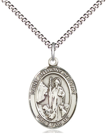 Sterling Silver Saint Anthony of Egypt Pendant on a 18 inch Light Rhodium Light Curb chain