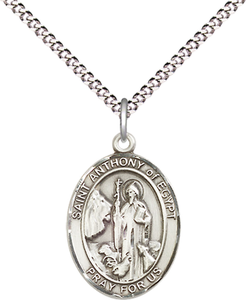 Sterling Silver Saint Anthony of Egypt Pendant on a 18 inch Light Rhodium Light Curb chain