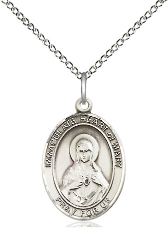 Sterling Silver Immaculate Heart of Mary Pendant on a 18 inch Sterling Silver Light Curb chain