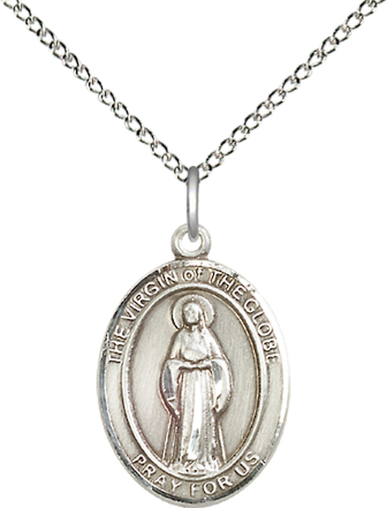 Sterling Silver Virgin of the Globe Pendant on a 18 inch Sterling Silver Light Curb chain