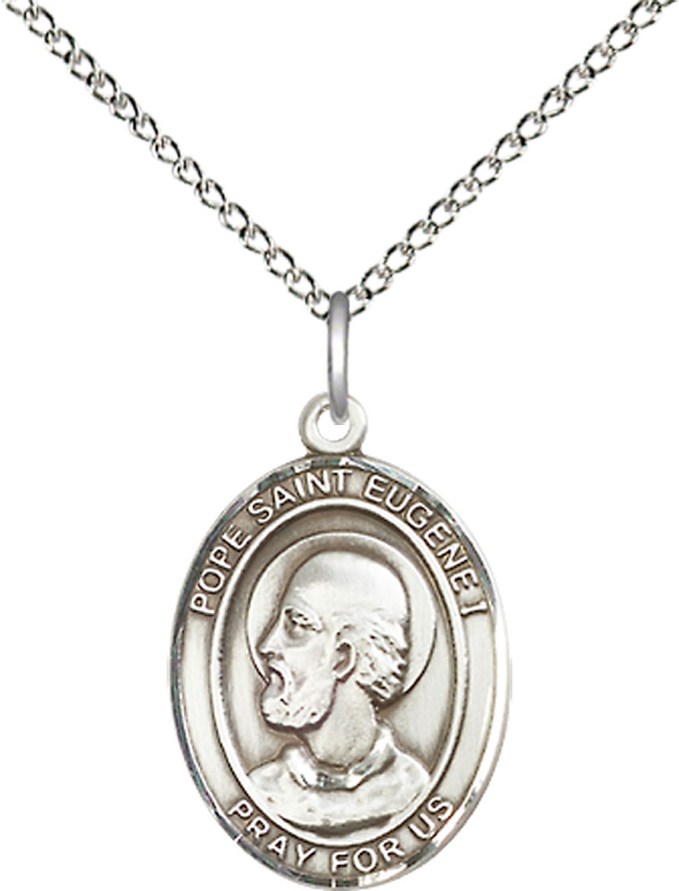Sterling Silver Pope St Eugene I Pendant on a 18 inch Sterling Silver Light Curb chain