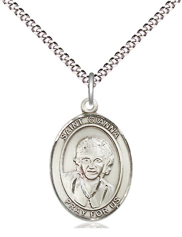 Sterling Silver Saint Gianna Pendant on a 18 inch Light Rhodium Light Curb chain