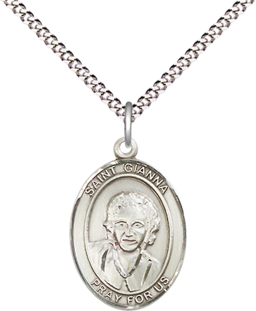 Sterling Silver Saint Gianna Pendant on a 18 inch Light Rhodium Light Curb chain