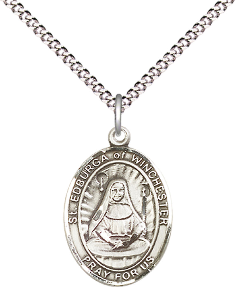 Sterling Silver Saint Edburga of Winchester Pendant on a 18 inch Light Rhodium Light Curb chain
