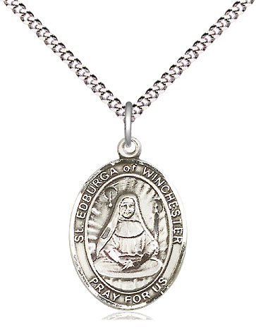 Sterling Silver Saint Edburga of Winchester Pendant on a 18 inch Light Rhodium Light Curb chain