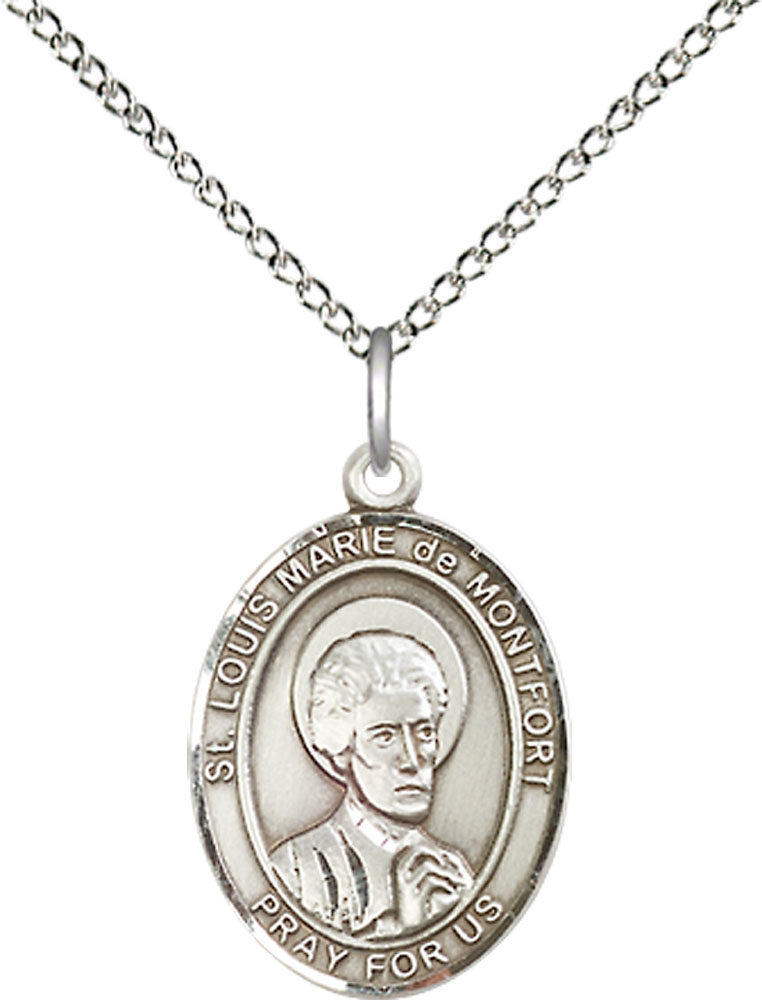 Sterling Silver Saint Louis Marie de Montfort Pendant on a 18 inch Sterling Silver Light Curb chain