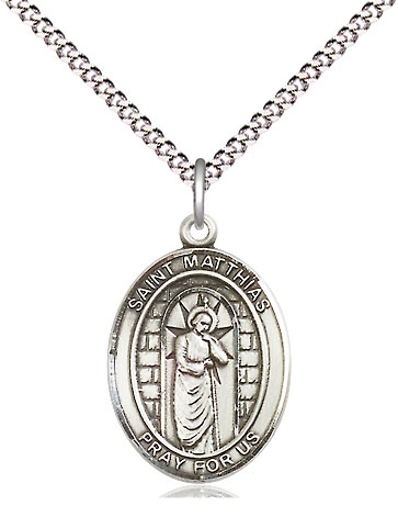 Sterling Silver Saint Matthias the Apostle Pendant on a 18 inch Light Rhodium Light Curb chain