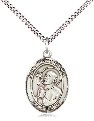 Sterling Silver Saint Rene Goupil Pendant on a 18 inch Light Rhodium Light Curb chain