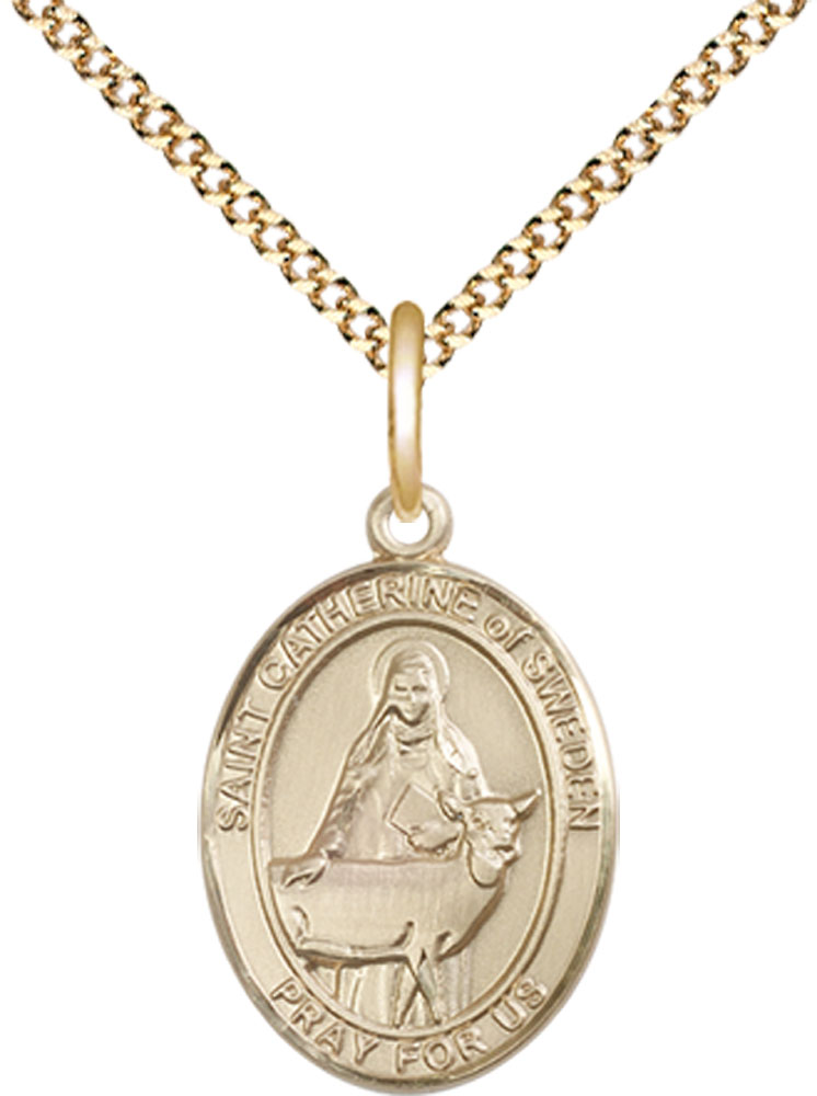14kt Gold Filled Saint Catherine of Sweden Pendant on a 18 inch Gold Plate Light Curb chain