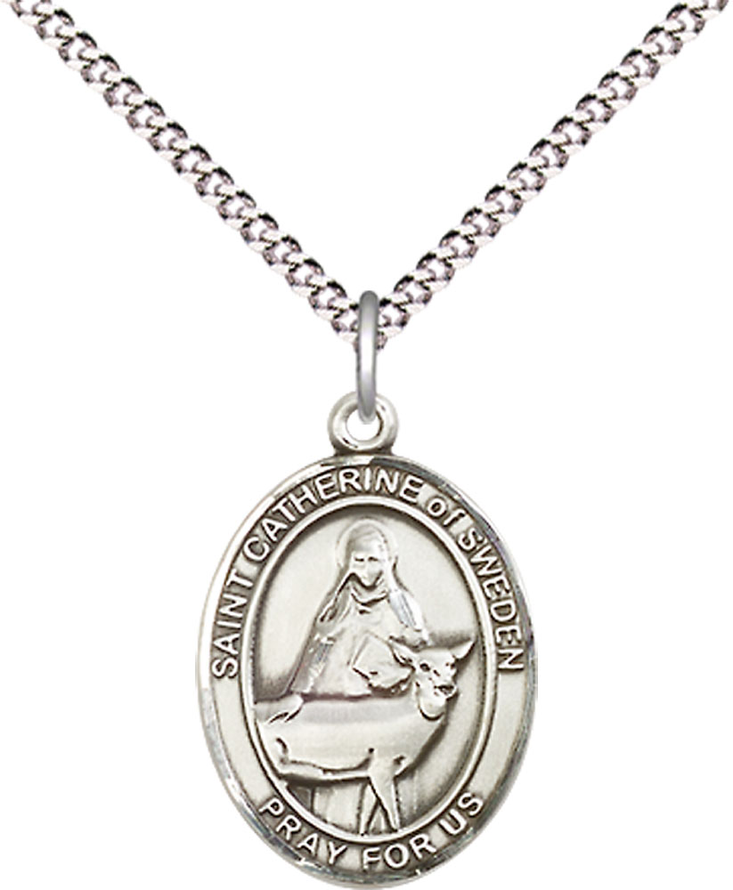 Sterling Silver Saint Catherine of Sweden Pendant on a 18 inch Light Rhodium Light Curb chain