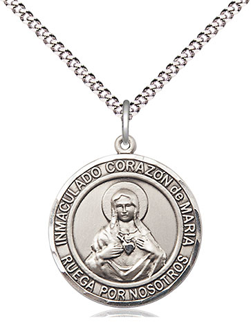 Sterling Silver Corazon Inmaculado de Maria Pendant on a 18 inch Light Rhodium Light Curb chain