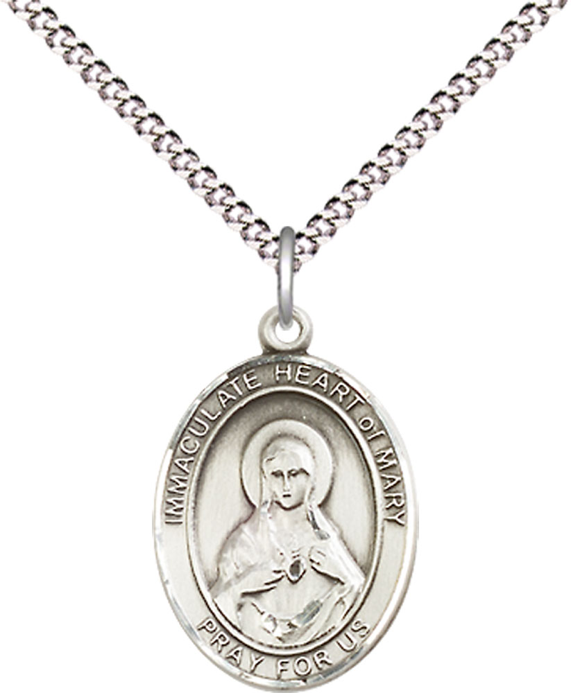 Sterling Silver Immaculate Heart of Mary Pendant on a 18 inch Light Rhodium Light Curb chain