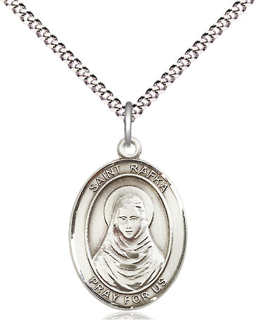 Sterling Silver Saint Rafka Pendant on a 18 inch Light Rhodium Light Curb chain