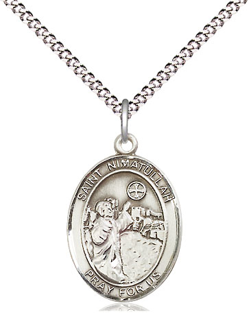 Sterling Silver Saint Nimatullah Pendant on a 18 inch Light Rhodium Light Curb chain