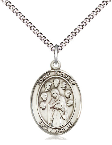 Sterling Silver Saint Felicity Pendant on a 18 inch Light Rhodium Light Curb chain