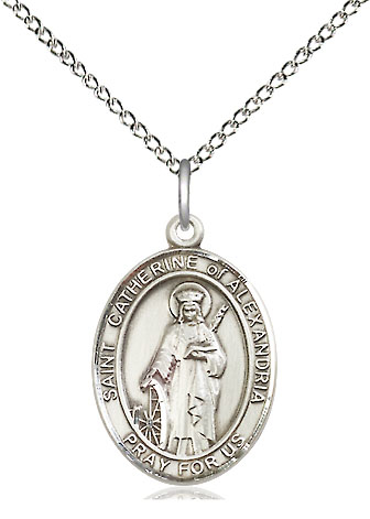 Sterling Silver Saint Catherine of Alexandria Pendant on a 18 inch Sterling Silver Light Curb chain