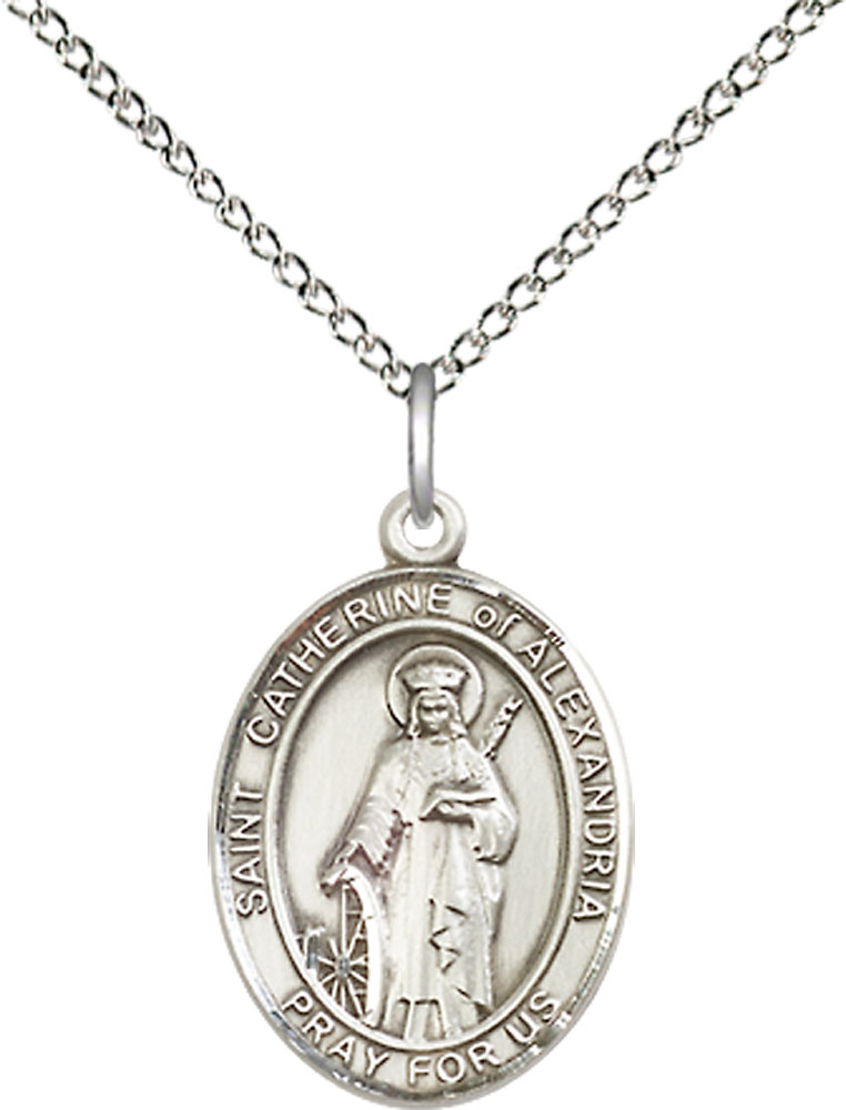 Sterling Silver Saint Catherine of Alexandria Pendant on a 18 inch Sterling Silver Light Curb chain