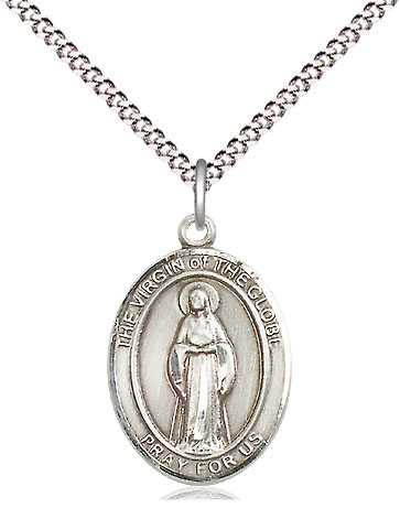 Sterling Silver Virgin of the Globe Pendant on a 18 inch Light Rhodium Light Curb chain