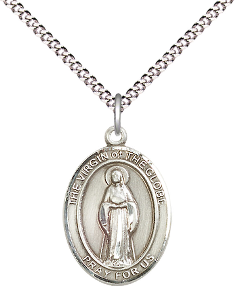Sterling Silver Virgin of the Globe Pendant on a 18 inch Light Rhodium Light Curb chain