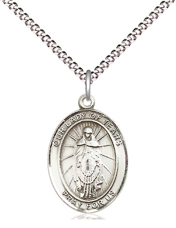 Sterling Silver Our Lady of Tears Pendant on a 18 inch Light Rhodium Light Curb chain