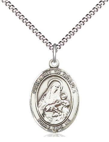 Sterling Silver Our Lady of Grapes Pendant on a 18 inch Light Rhodium Light Curb chain