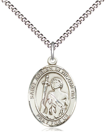 Sterling Silver Saint Adrian of Nicomedia Pendant on a 18 inch Light Rhodium Light Curb chain