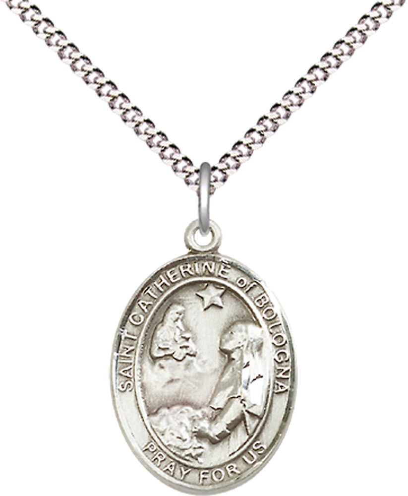 Sterling Silver Saint Catherine of Bologna Pendant on a 18 inch Light Rhodium Light Curb chain