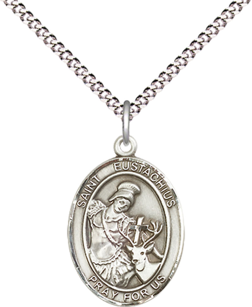 Sterling Silver Saint Eustachius Pendant on a 18 inch Light Rhodium Light Curb chain