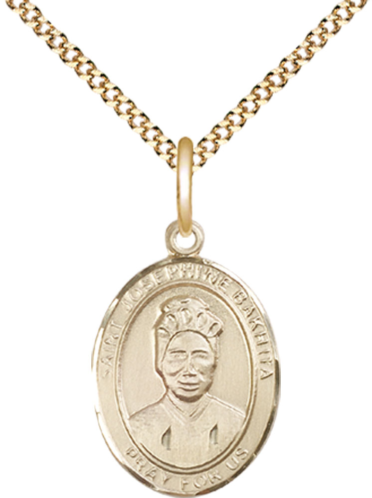 14kt Gold Filled Saint Josephine Bakhita Pendant on a 18 inch Gold Plate Light Curb chain