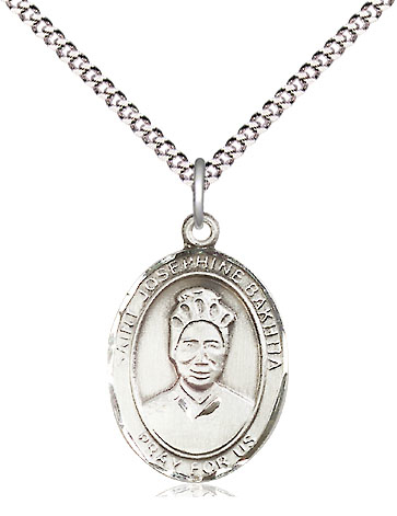 Sterling Silver Saint Josephine Bakhita Pendant on a 18 inch Light Rhodium Light Curb chain