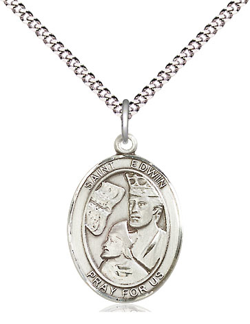 Sterling Silver Saint Edwin Pendant on a 18 inch Light Rhodium Light Curb chain