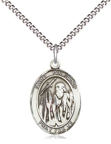 Sterling Silver Saint Polycarp of Smyrna Pendant on a 18 inch Light Rhodium Light Curb chain