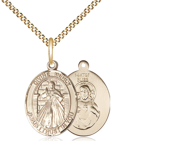 14kt Gold Filled Divine Mercy Pendant on a 18 inch Gold Plate Light Curb chain