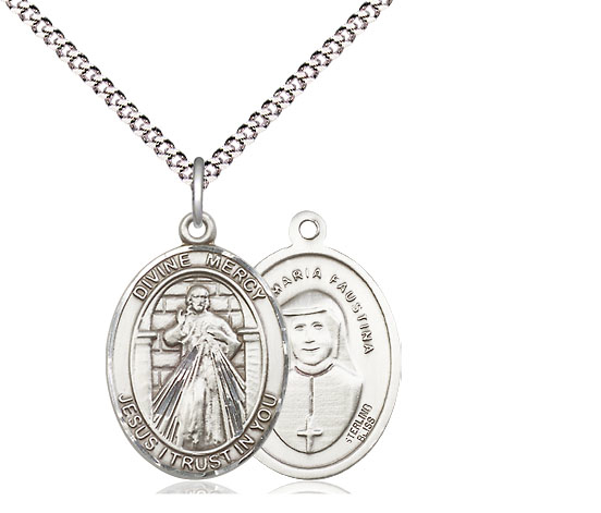 Sterling Silver Divine Mercy Pendant on a 18 inch Light Rhodium Light Curb chain