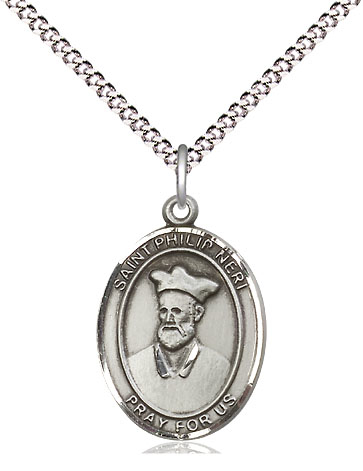 Sterling Silver Saint Philip Neri Pendant on a 18 inch Light Rhodium Light Curb chain