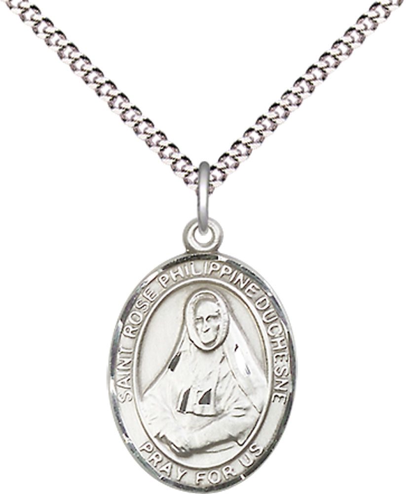 Sterling Silver Saint Rose Philippine Pendant on a 18 inch Light Rhodium Light Curb chain